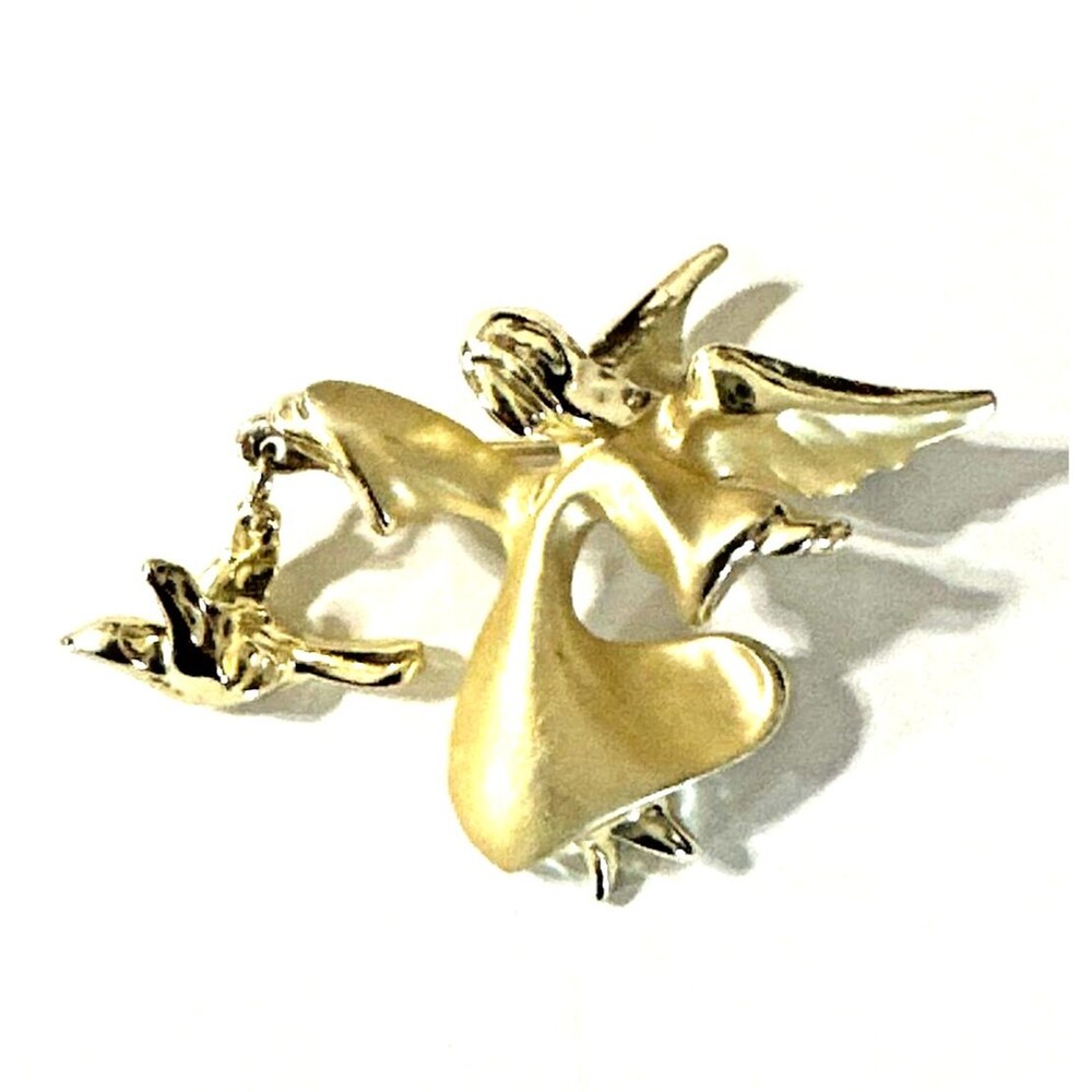 Vintage Giusti Angel Brooch Satin Gold Tone Dangle Dove Bird Charm Pin 2 1/4"